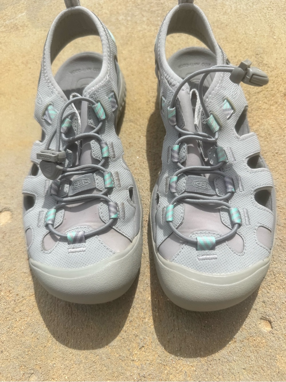 KEEN Women's Light Gray Closed-Toe Sandal with Mint Accents